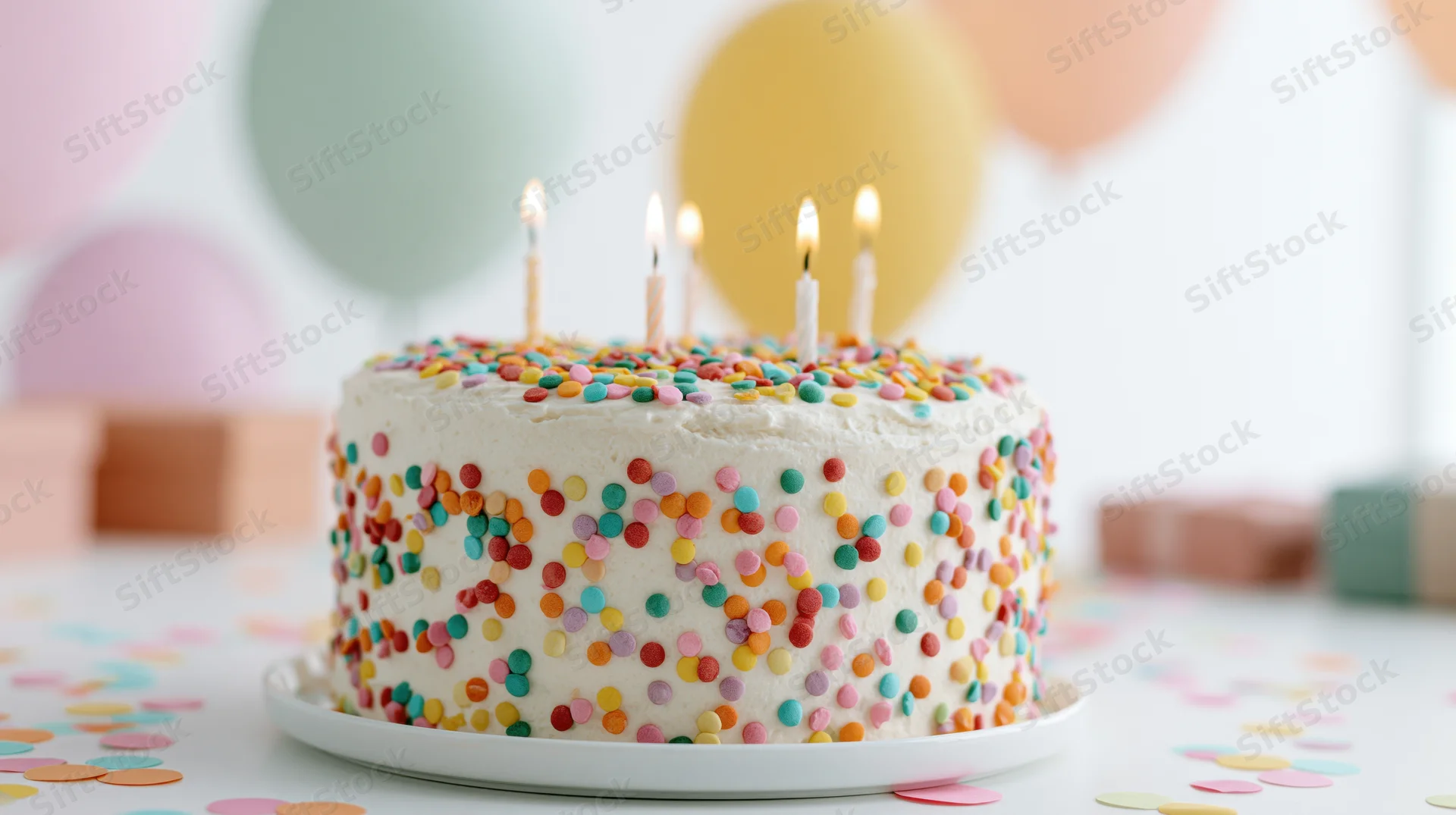White frosted birthday cake with rainbow sprinkles and lit candles on a table surrounded by balloons and confetti