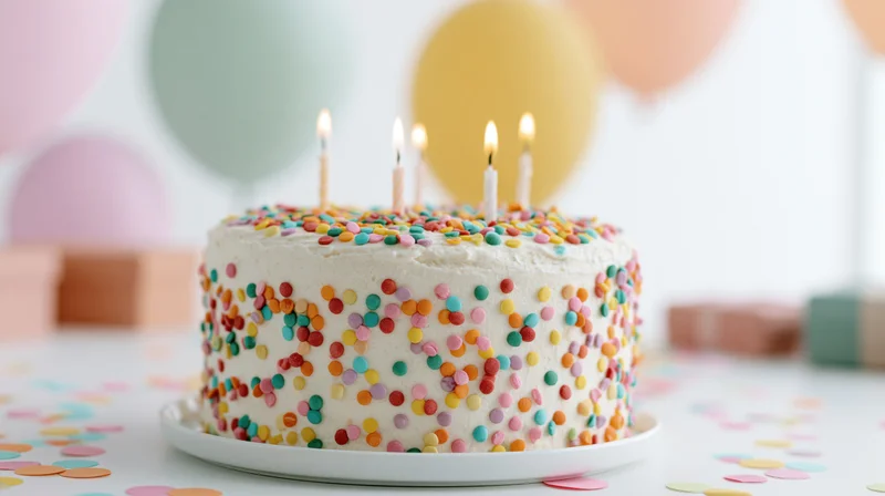 White frosted birthday cake with rainbow sprinkles and lit candles on a table surrounded by balloons and confetti