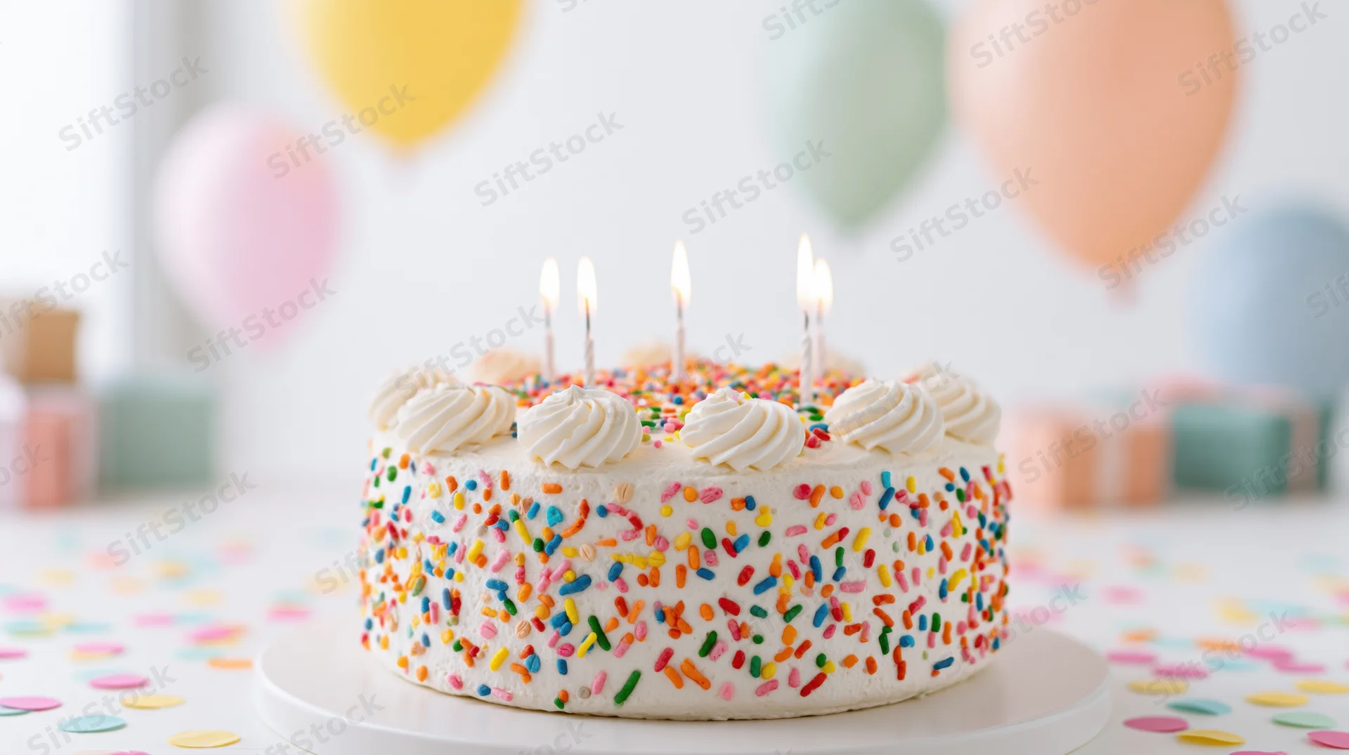 White frosted birthday cake with rainbow sprinkles and lit candles on a table with balloons and confetti in the background