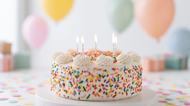 White frosted birthday cake with rainbow sprinkles and lit candles on a table with balloons and confetti in the background
