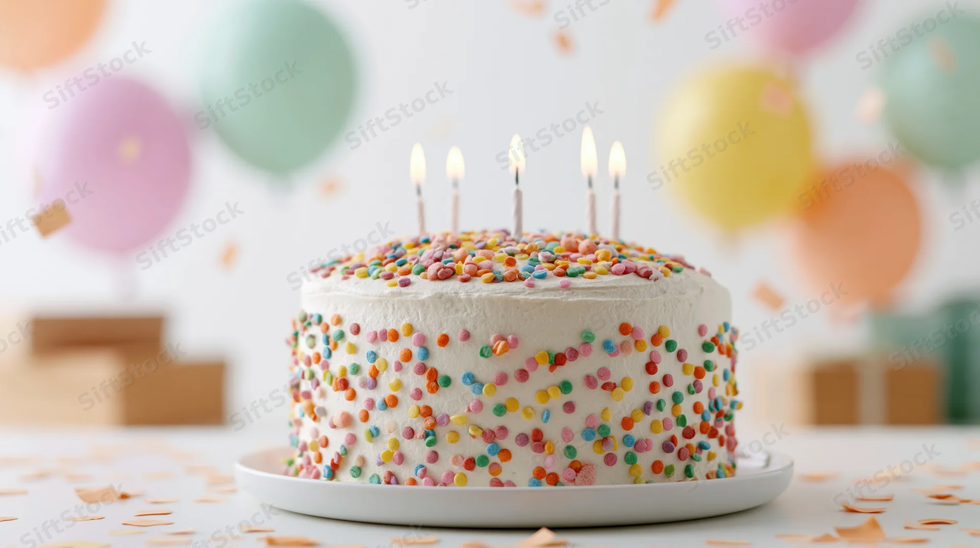 White frosted birthday cake with rainbow sprinkles and lit candles on a table surrounded by balloons and confetti