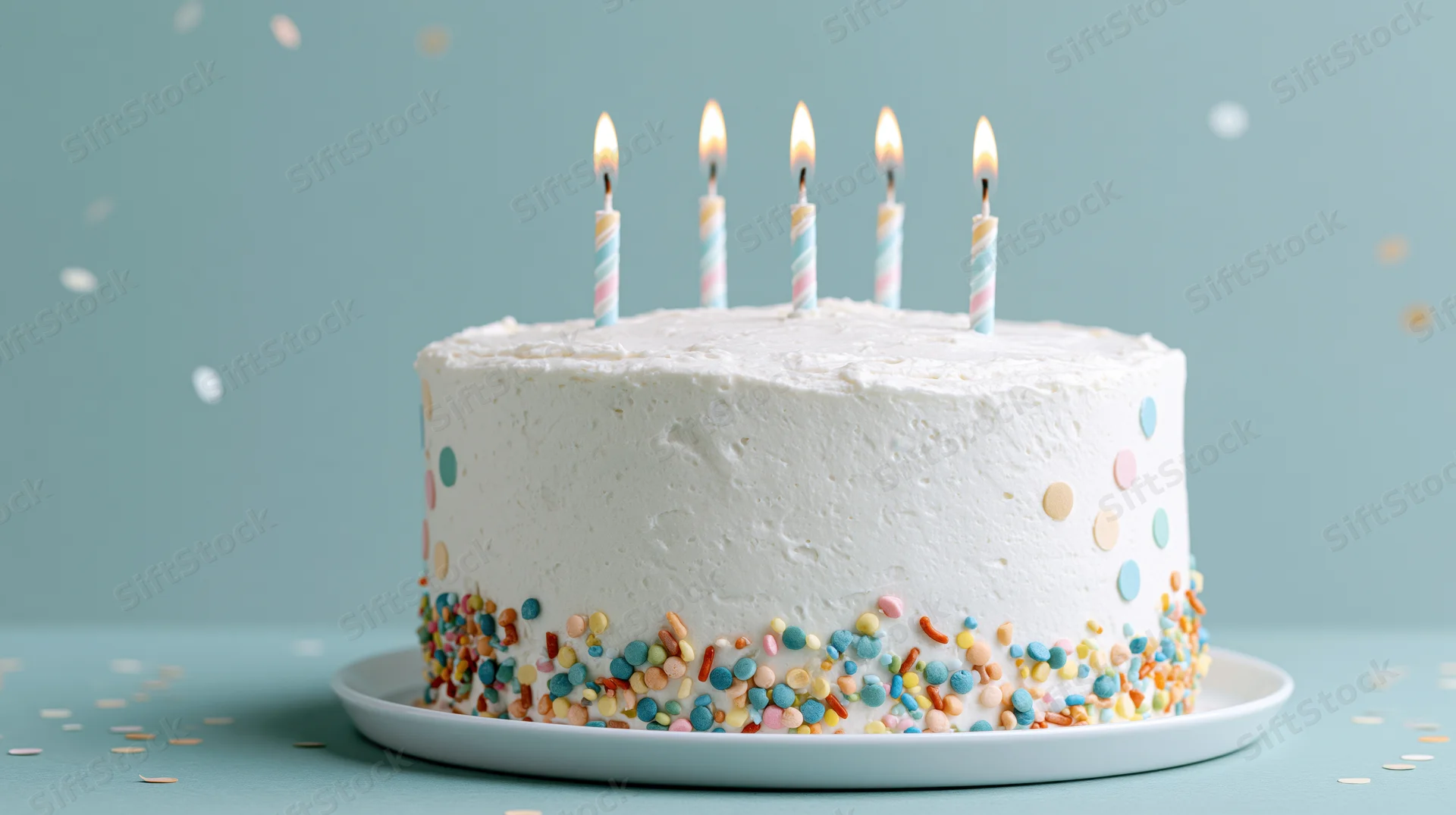 White frosted birthday cake with five lit candles on a plate surrounded by confetti