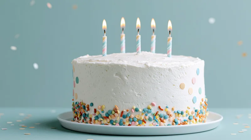 White frosted birthday cake with five lit candles on a plate surrounded by confetti