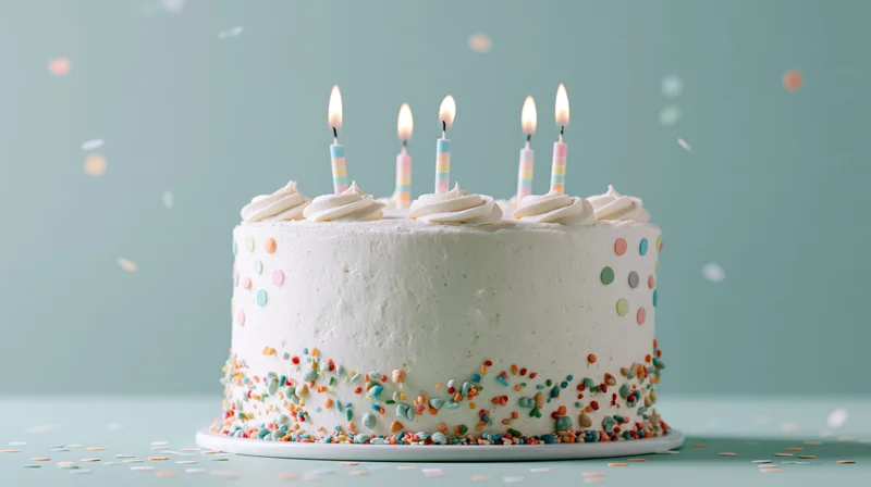 White frosted birthday cake with five lit candles and sprinkles on a mint background