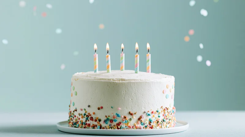 White frosted birthday cake with five lit candles on top, decorated with colorful sprinkles, on a plate against a light blue background with floating confetti