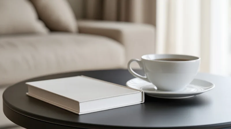 White hardcover book and coffee cup on dark round table in living room