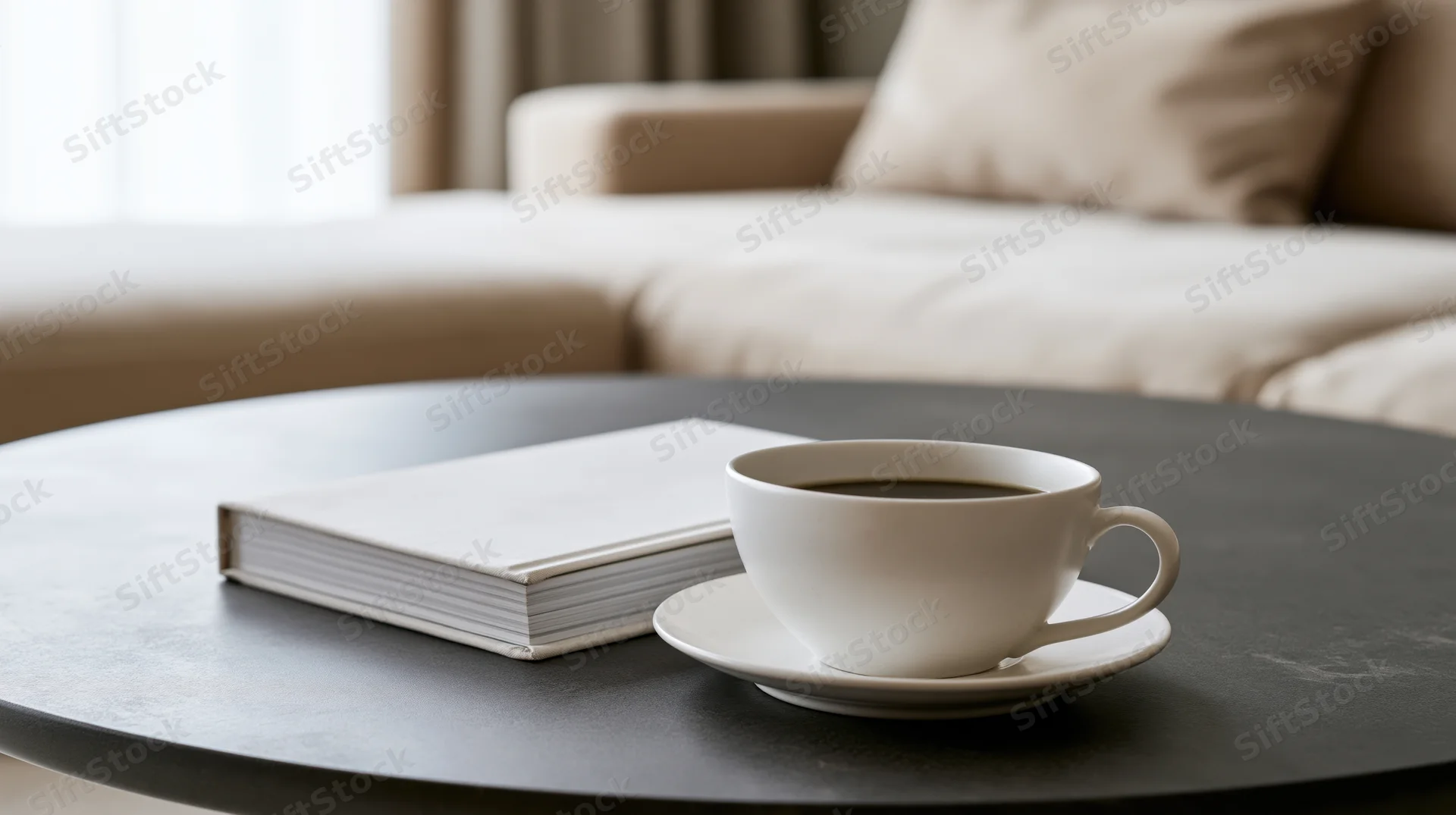 White hardcover book with blank cover and coffee cup on dark round table in living room