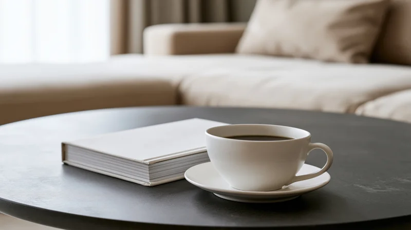 White hardcover book with blank cover and coffee cup on dark round table in living room