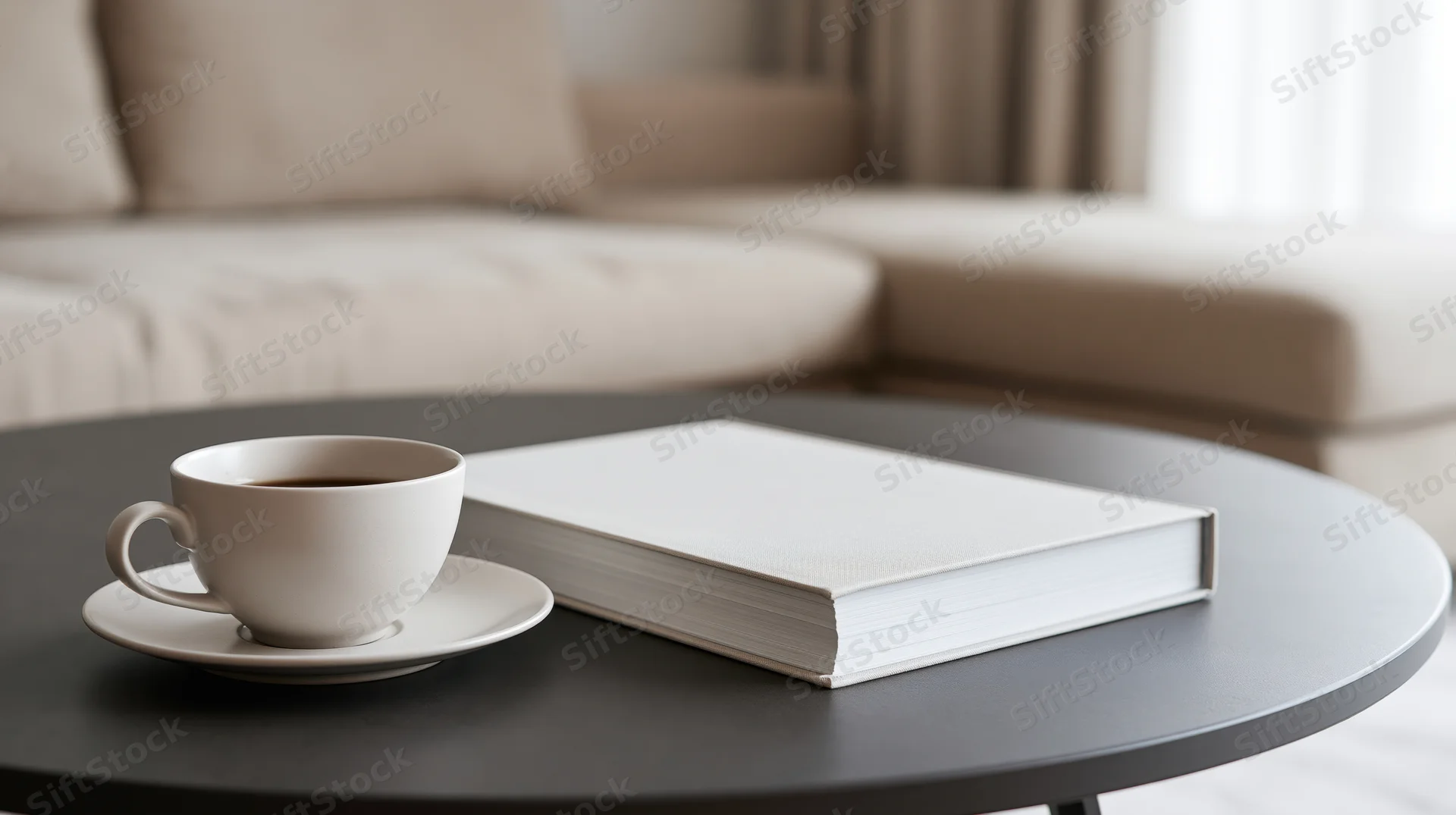 White hardcover book and coffee cup on dark round table in living room