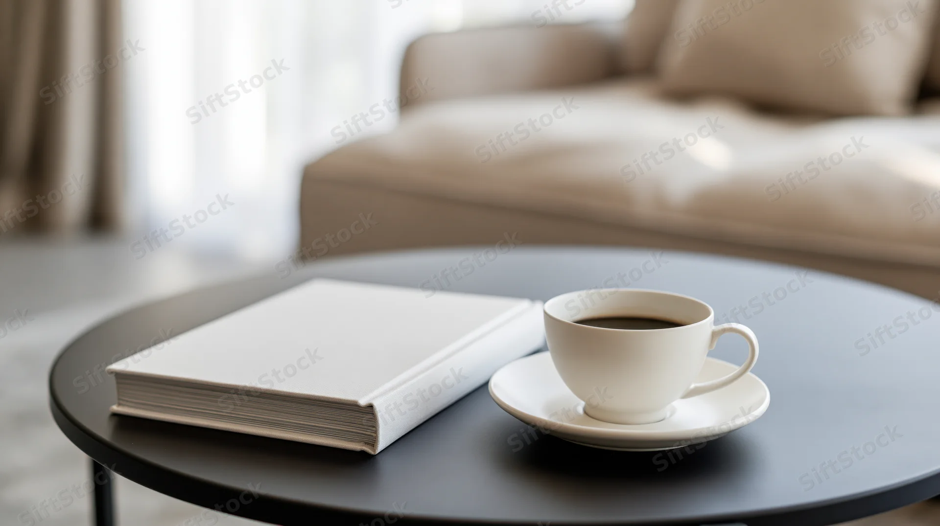 White hardcover book and coffee cup on round dark table in living room