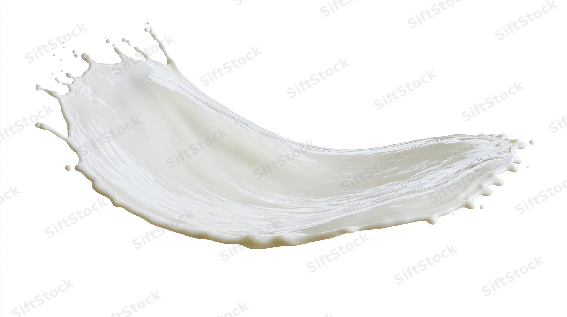 White milk splash frozen midair in curved wave form against plain white background