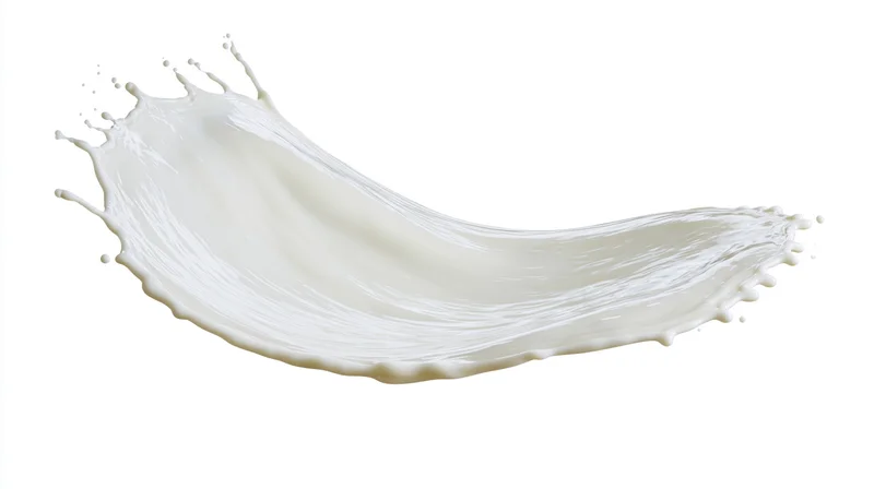 White milk splash frozen midair in curved wave form against plain white background