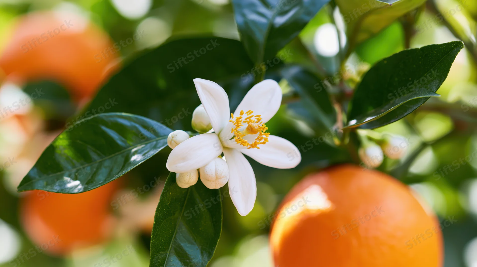 White orange blossom with yellow stamens and green leaves on a citrus tree with oranges in the background