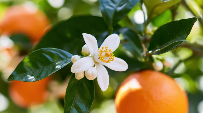 White orange blossom with yellow stamens and green leaves on a citrus tree with oranges in the background