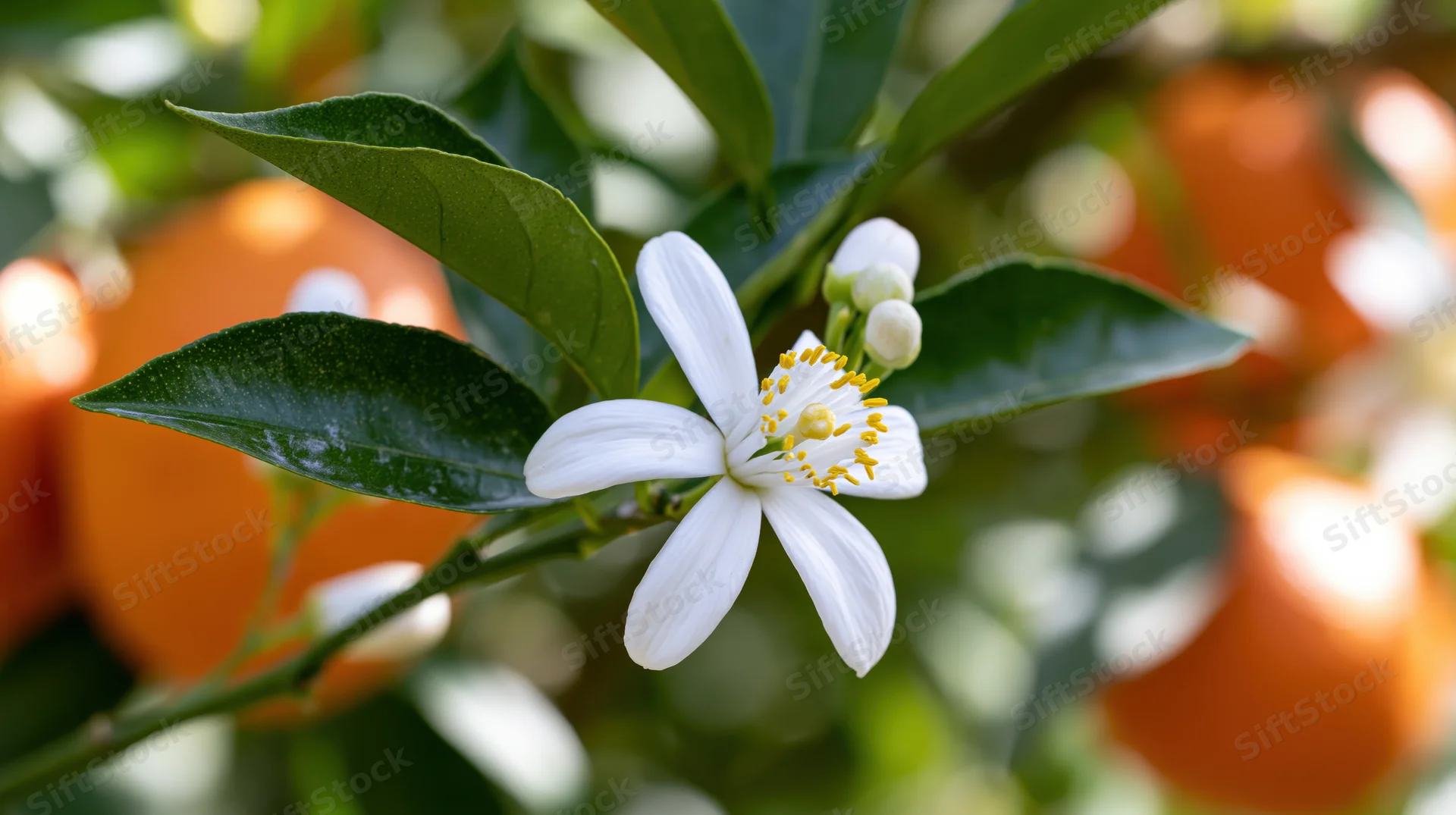 White orange blossom with yellow stamens blooming on a citrus tree branch among green leaves and oranges
