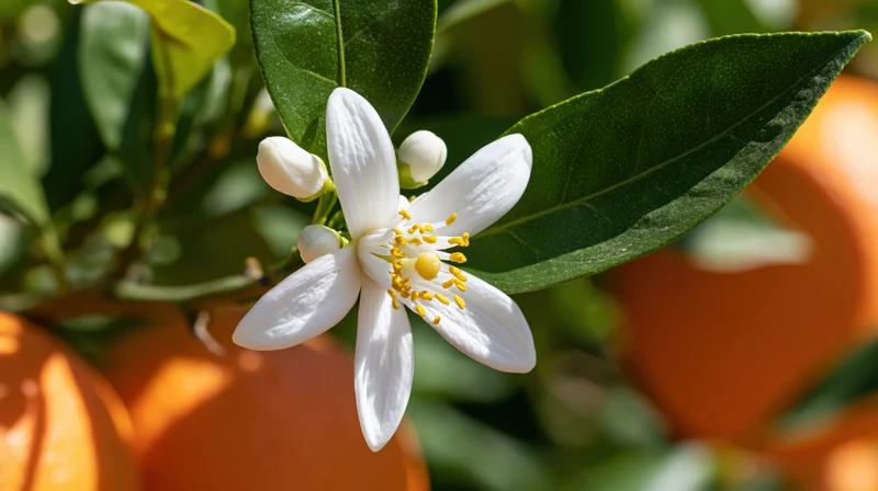White orange blossom with yellow stamens blooming on a citrus tree among green leaves and oranges