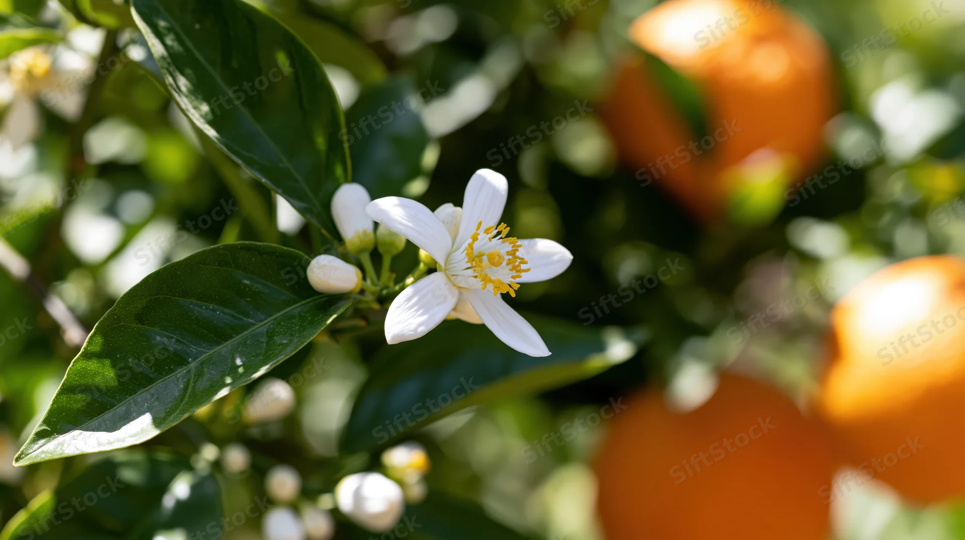 White orange blossom with yellow stamens in focus on a citrus tree with green leaves and oranges in the background