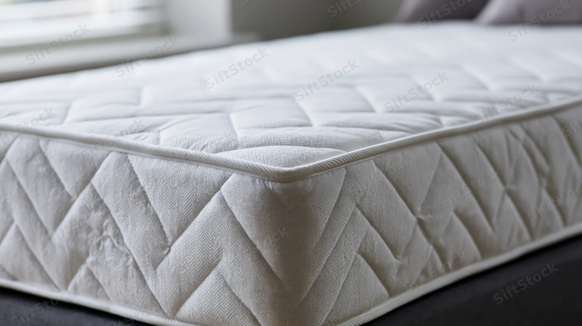 Closeup of white quilted mattress corner on dark grey bed frame in bedroom