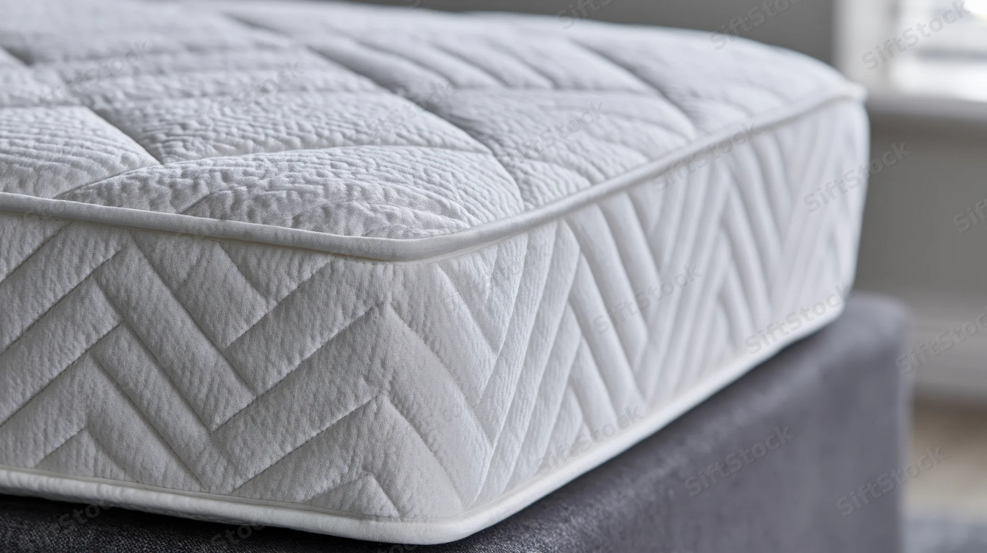 White quilted mattress corner resting on dark grey bed frame in bedroom