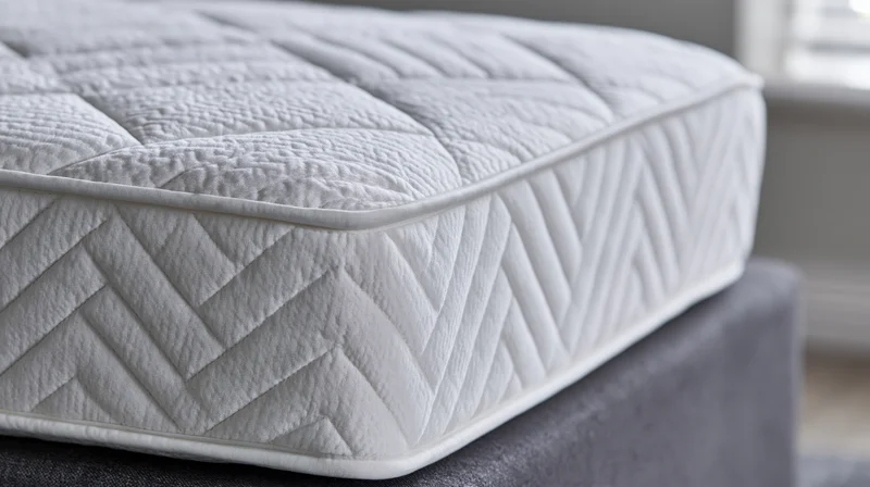 White quilted mattress corner resting on dark grey bed frame in bedroom