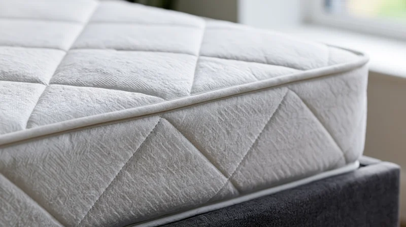 Closeup of white quilted mattress corner resting on dark grey bed frame in bedroom
