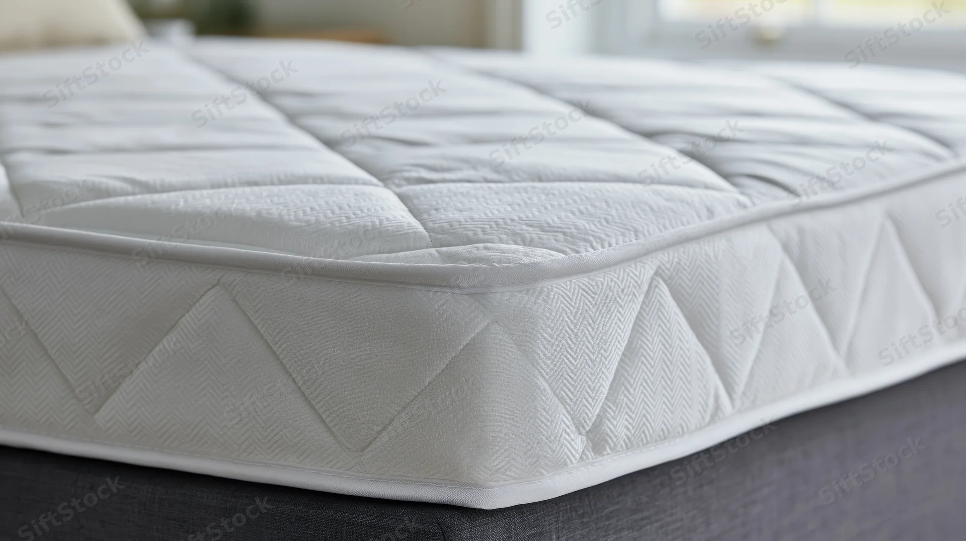 White quilted mattress corner resting on dark grey bed frame