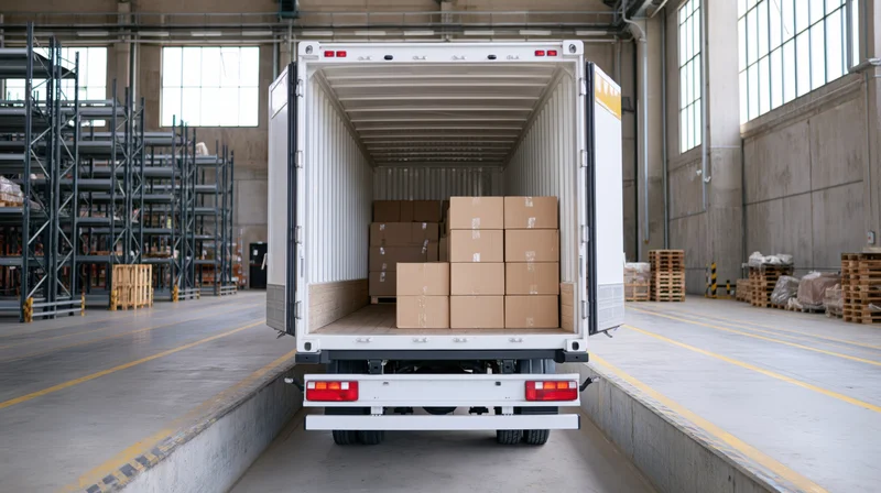 White truck trailer backed into loading dock in warehouse with boxes inside