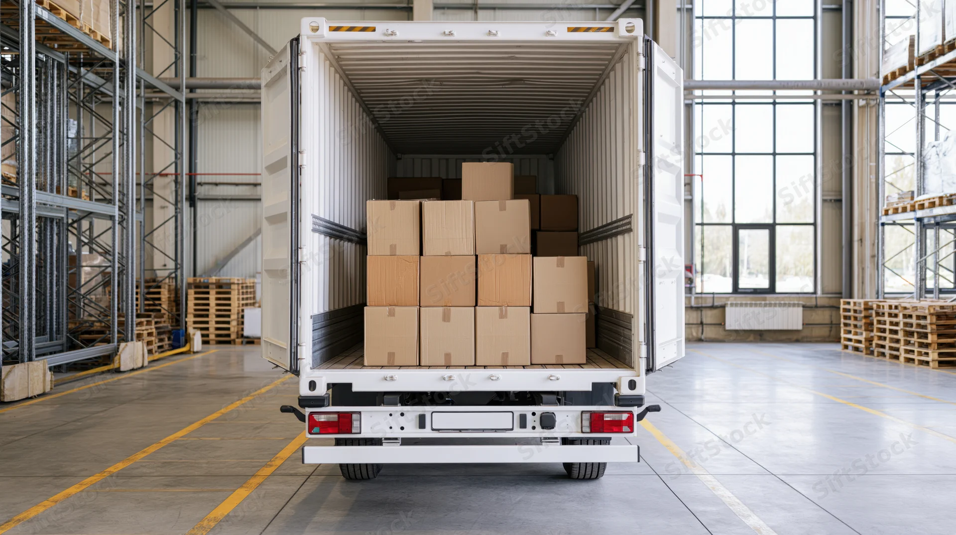 White truck trailer loaded with cardboard boxes inside a warehouse distribution center