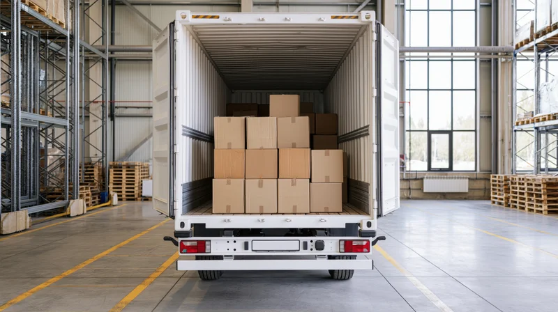 White truck trailer loaded with cardboard boxes inside a warehouse distribution center