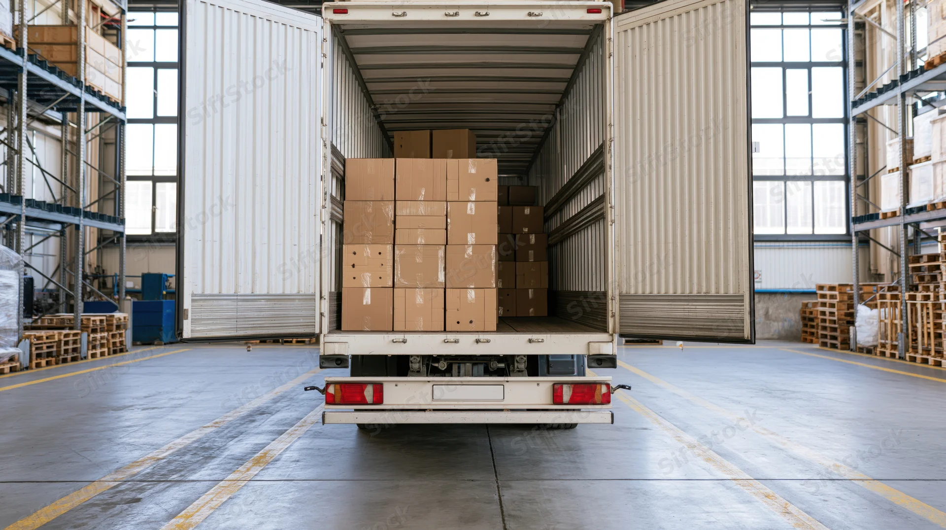 White truck trailer loaded with cardboard boxes parked inside a warehouse with shelving and pallets visible