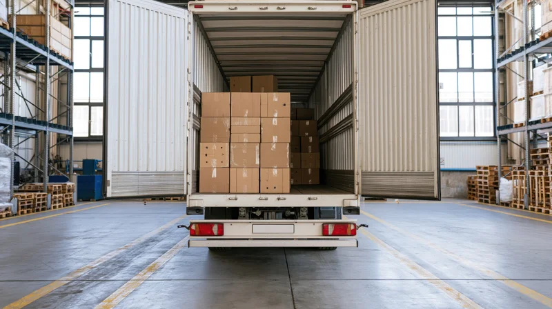 White truck trailer loaded with cardboard boxes parked inside a warehouse with shelving and pallets visible