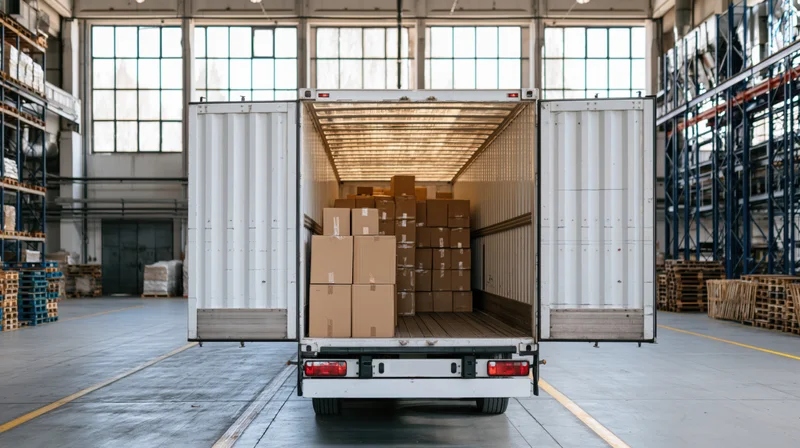 White truck trailer loaded with cardboard boxes inside a large warehouse distribution center