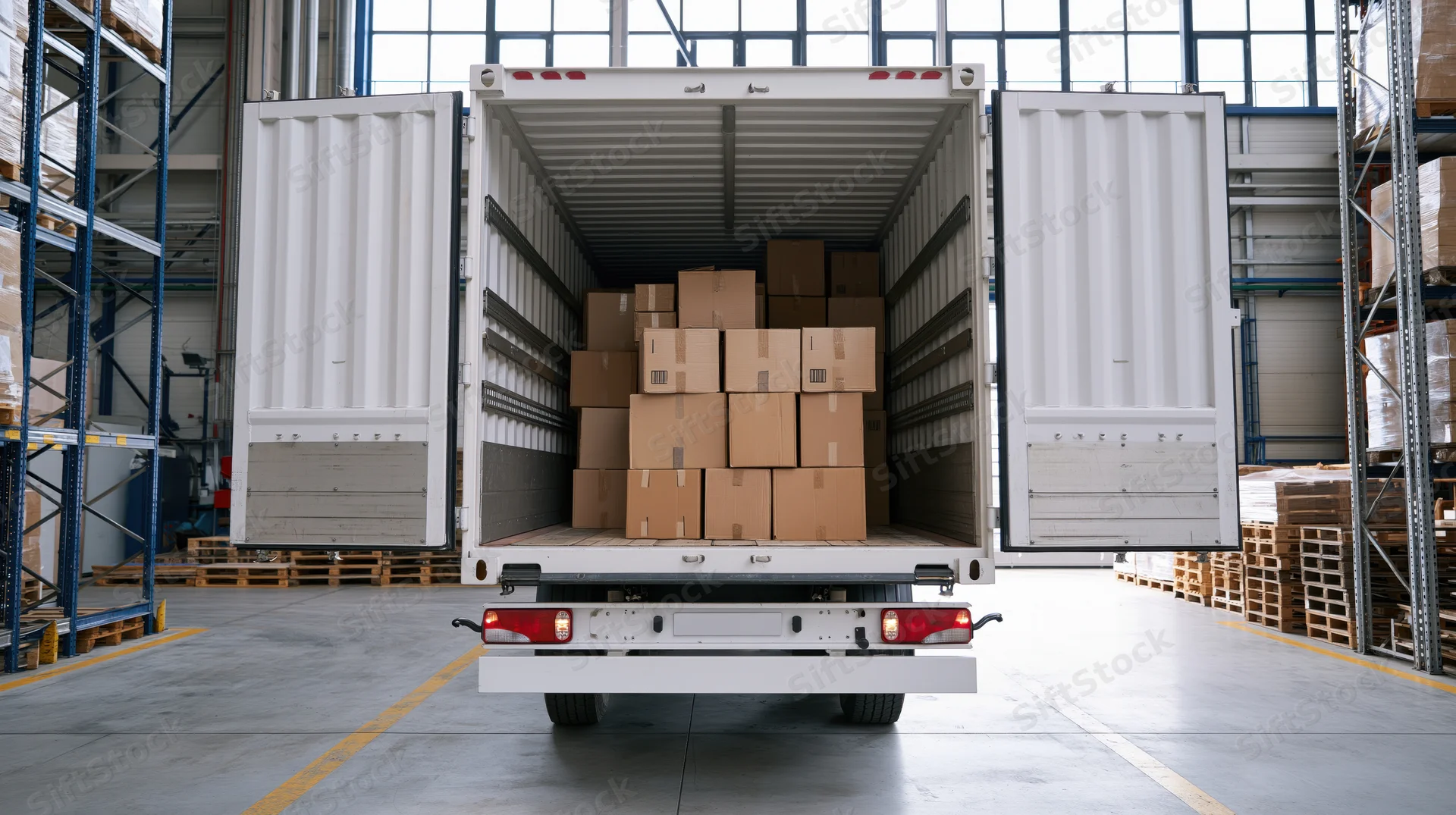 White truck trailer loaded with cardboard boxes inside a warehouse with open rear doors and metal shelving on both sides