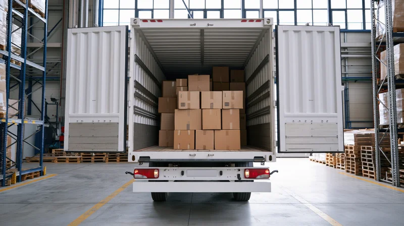 White truck trailer loaded with cardboard boxes inside a warehouse with open rear doors and metal shelving on both sides