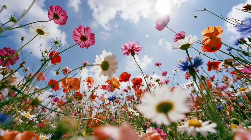 Colorful wildflowers blooming in a meadow under a blue sky with sun and clouds