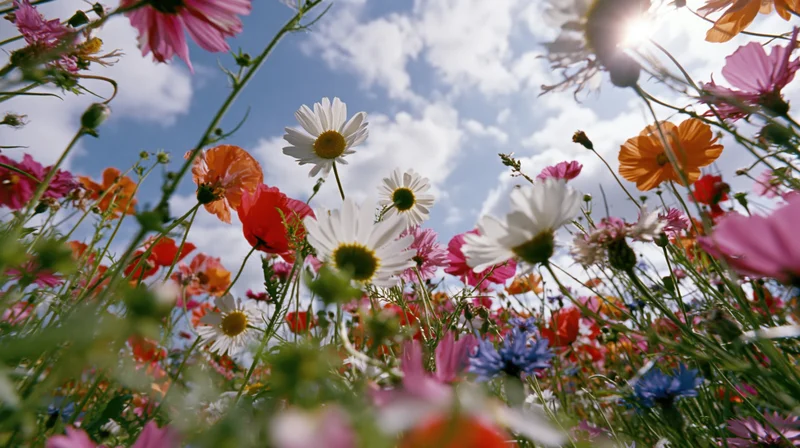 Low-angle view of colorful wildflowers in a meadow under a blue sky with sun and clouds