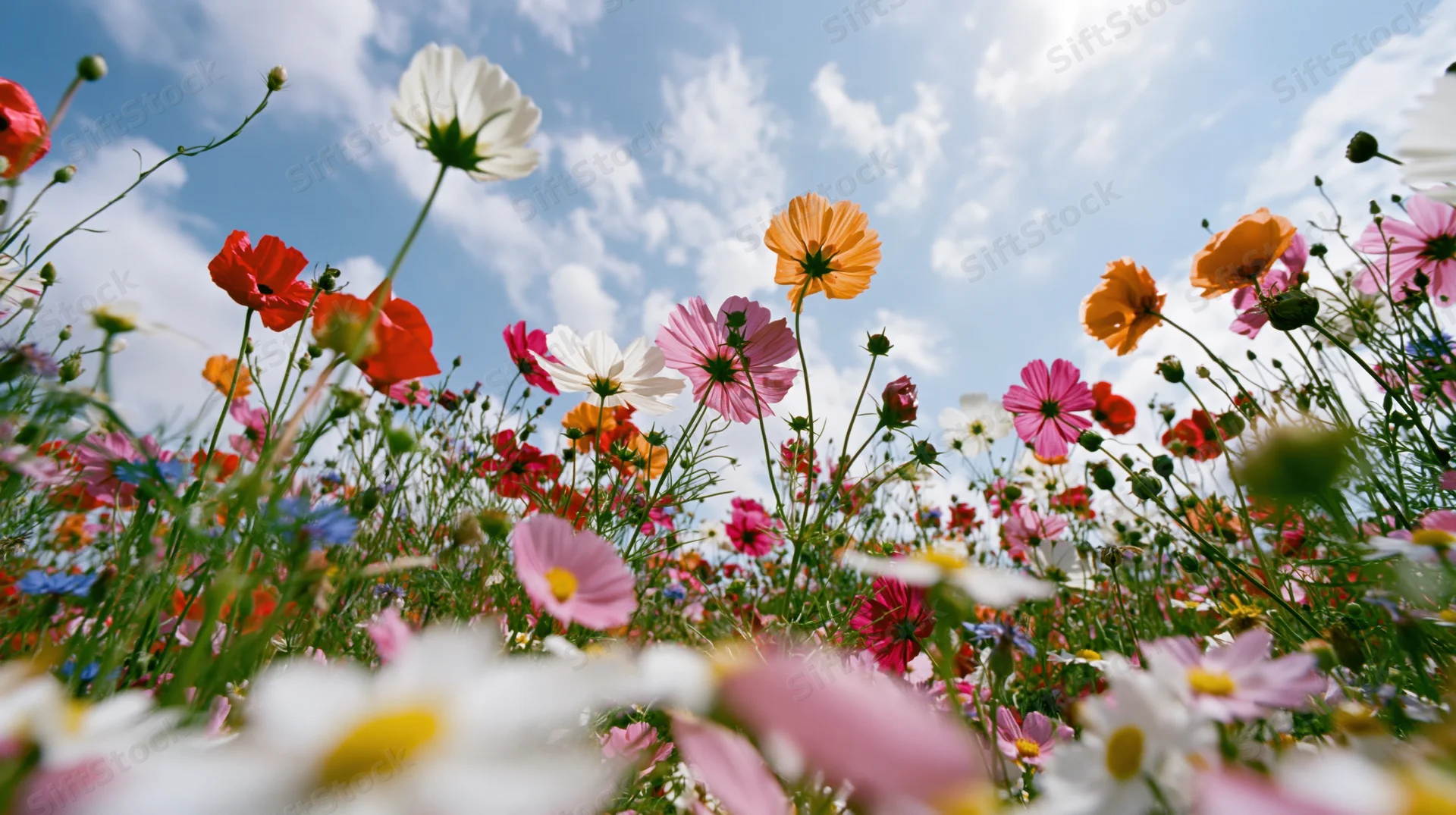Colorful cosmos and wildflowers blooming in a meadow under a blue sky