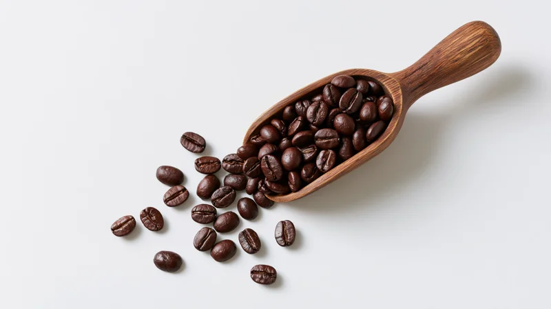 Roasted coffee beans spilling from a wooden scoop on a white surface