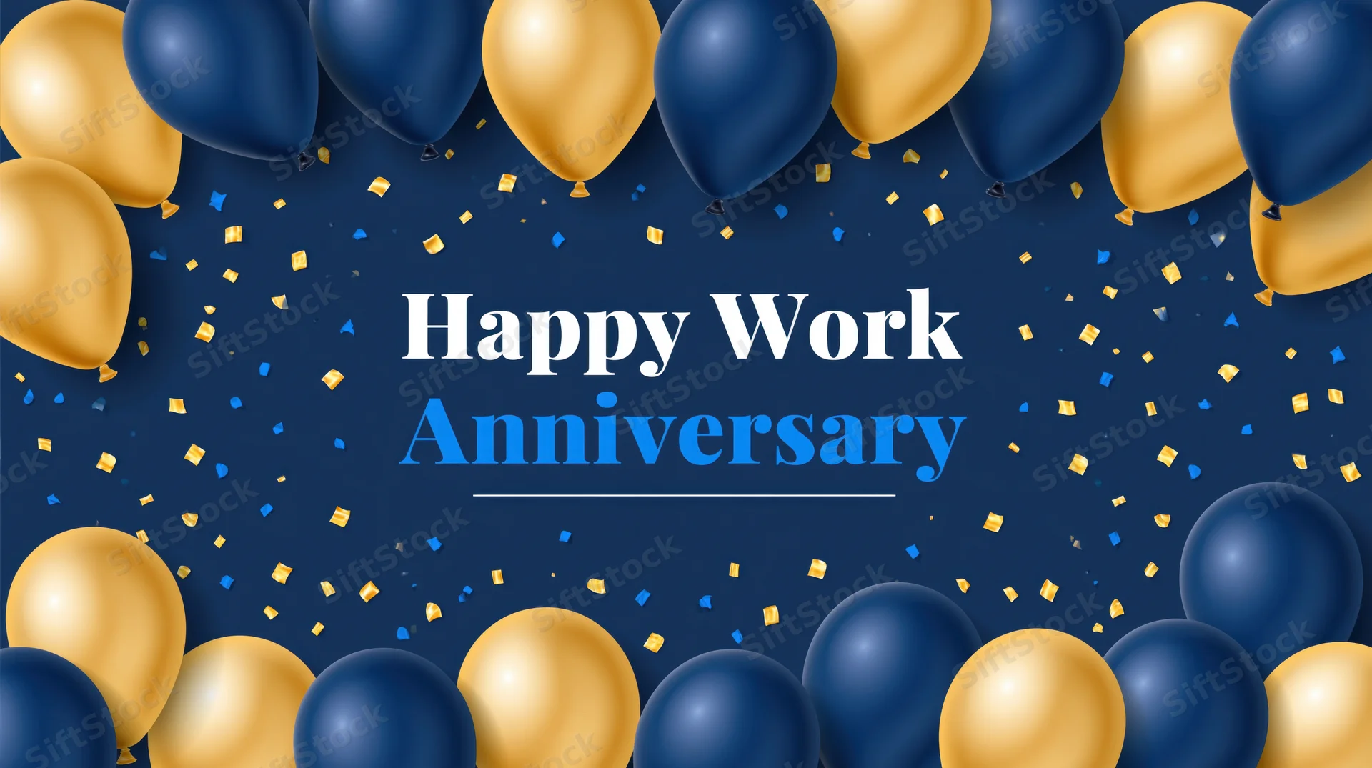 Navy blue and gold balloons with confetti framing text reading happy work anniversary on a banner
