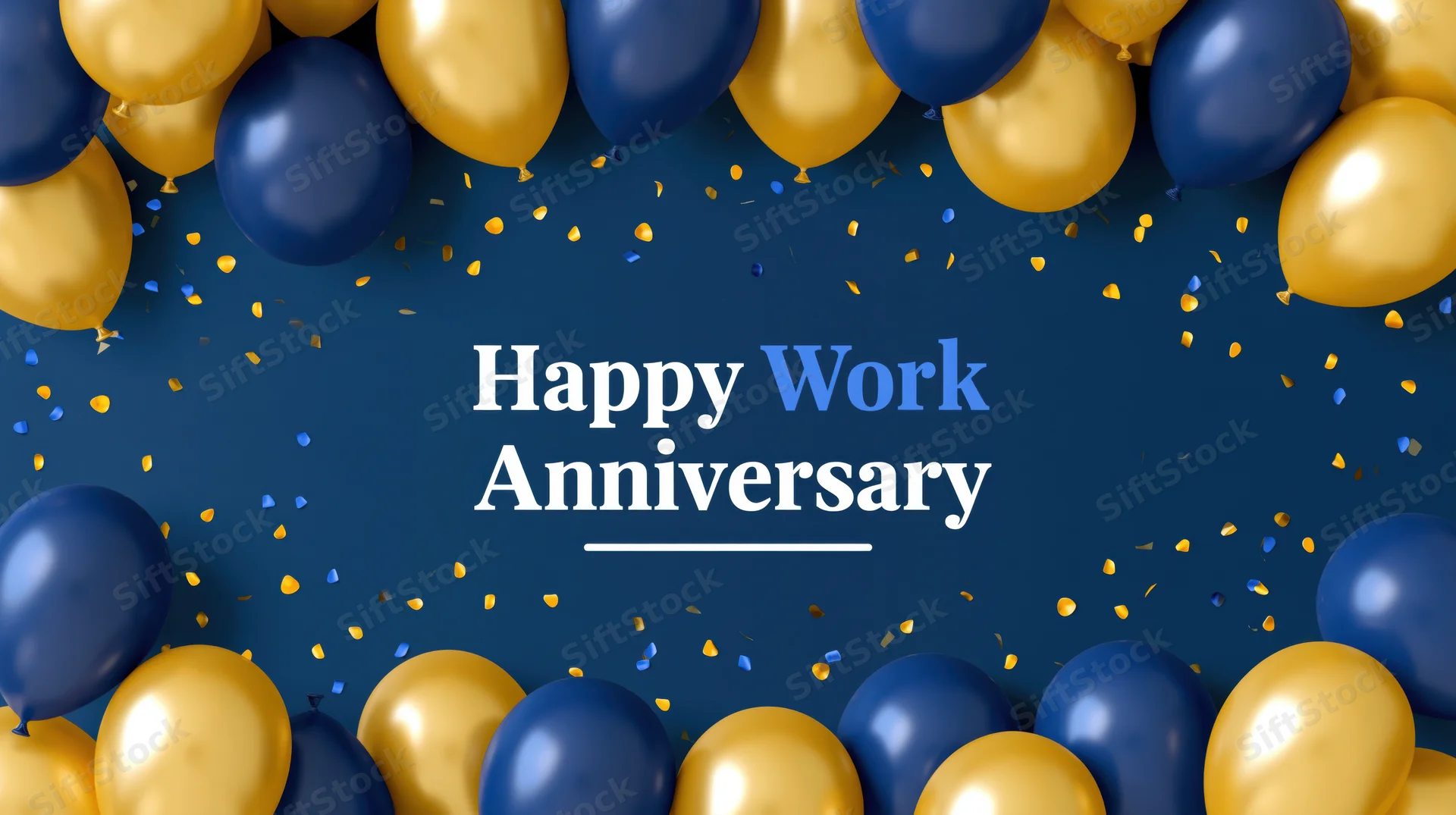 Navy blue and gold balloons framing a happy work anniversary message on a festive banner