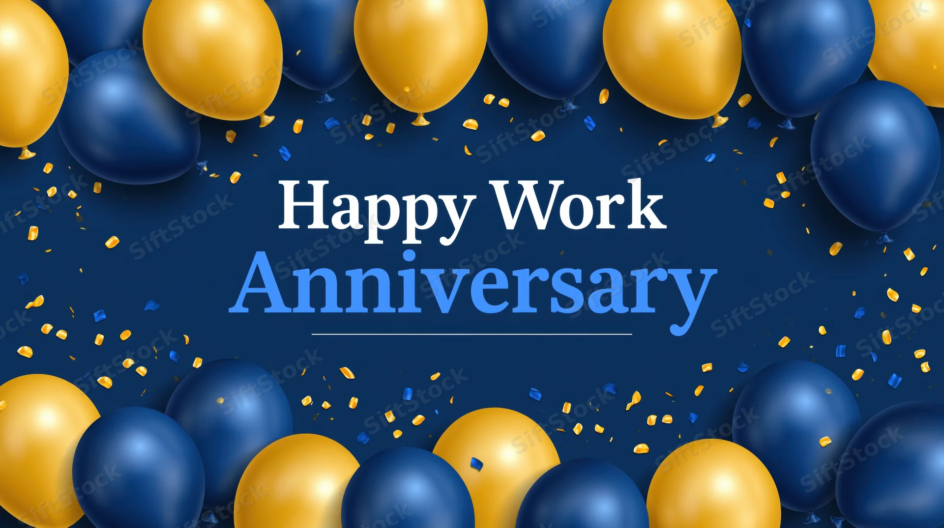 Navy blue and gold balloons with confetti framing text reading happy work anniversary on a dark blue background