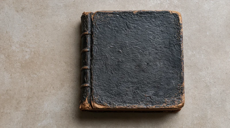 Worn antique hardcover book lying flat on a muted beige textured surface