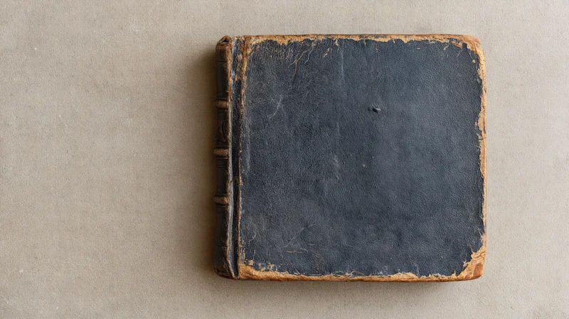Worn antique hardcover book lying flat on a muted beige textured surface