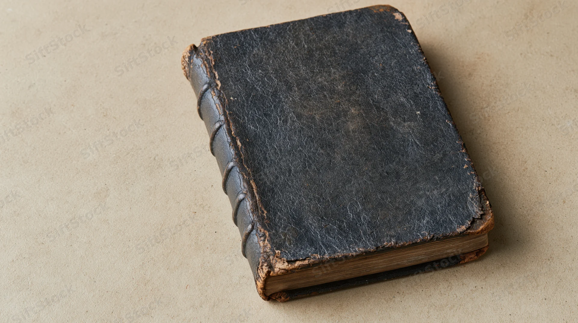 Worn antique leather hardcover book lying flat on a beige textured surface