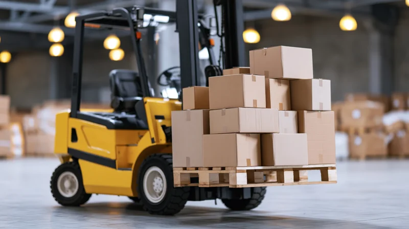 Yellow forklift lifting a wooden pallet stacked with cardboard boxes in a warehouse