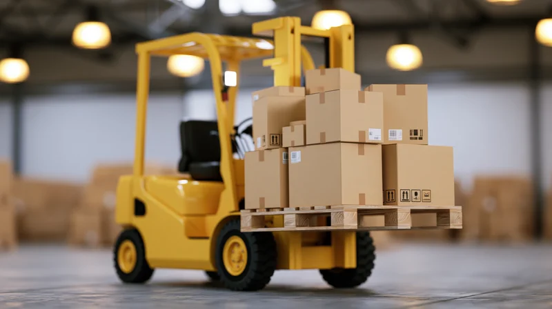 Yellow forklift lifting stacked cardboard boxes on wooden pallet in warehouse interior