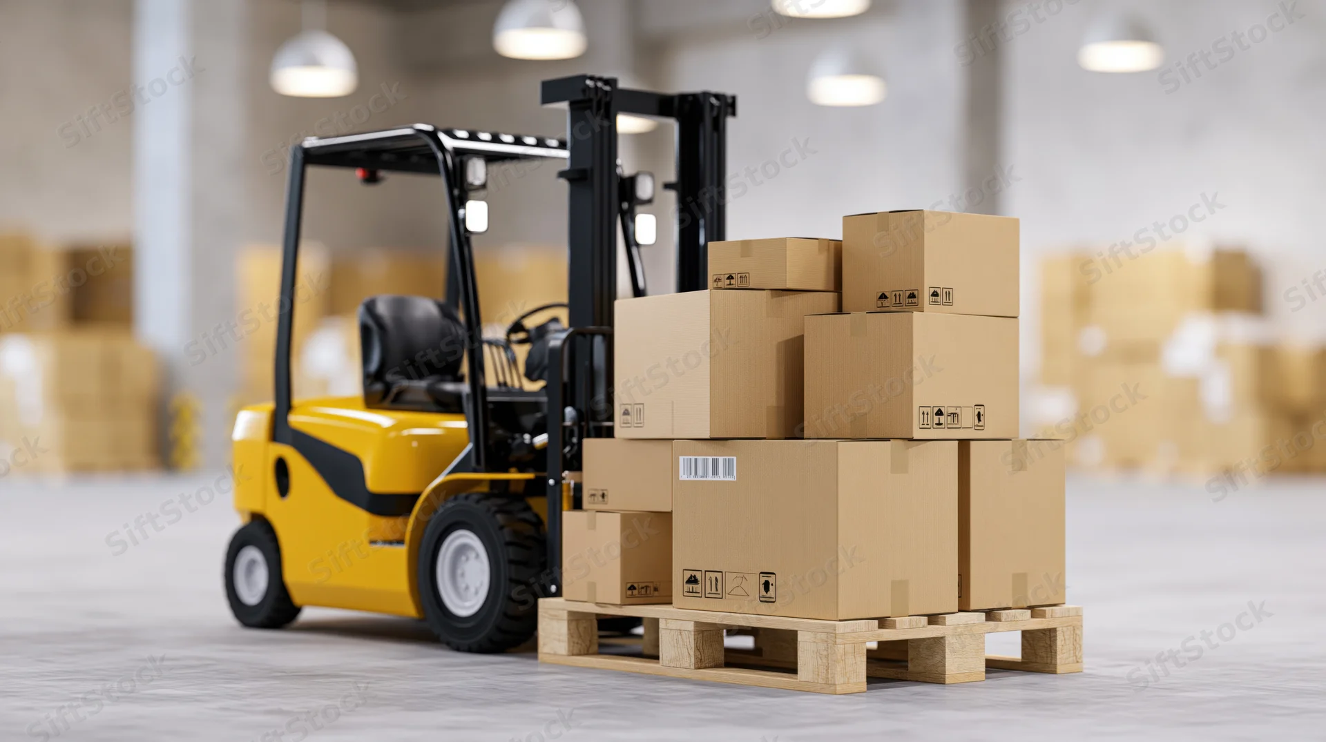 Yellow forklift lifting wooden pallet stacked with cardboard boxes in warehouse