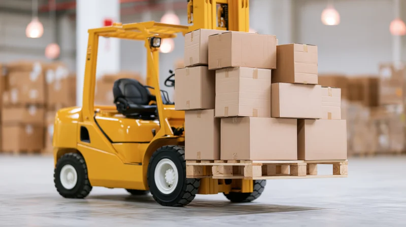 Yellow forklift lifting wooden pallet stacked with cardboard boxes in warehouse