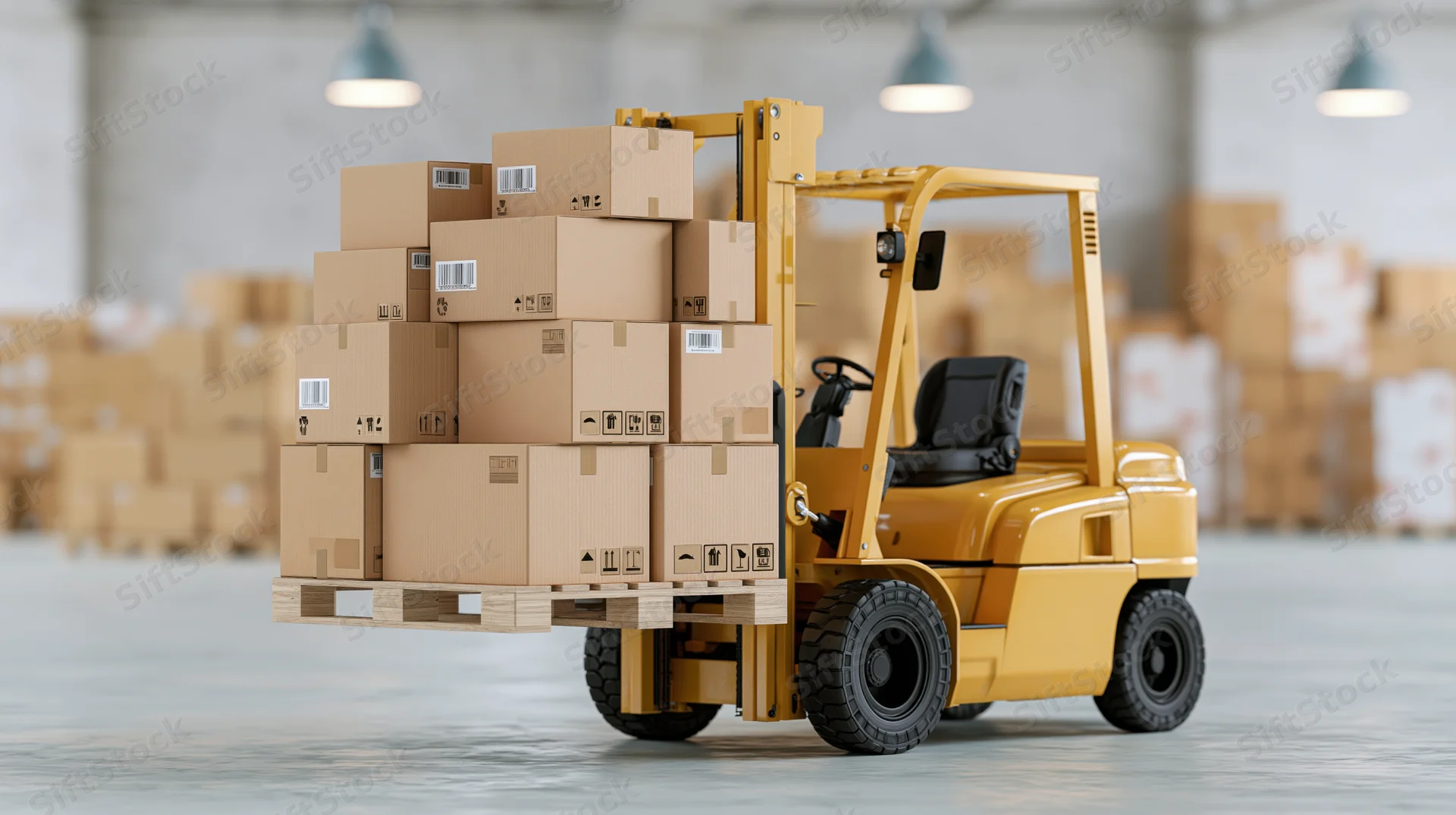 Yellow forklift lifting stacked cardboard boxes on wooden pallet in warehouse