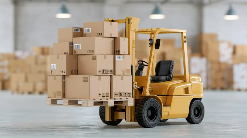 Yellow forklift lifting stacked cardboard boxes on wooden pallet in warehouse